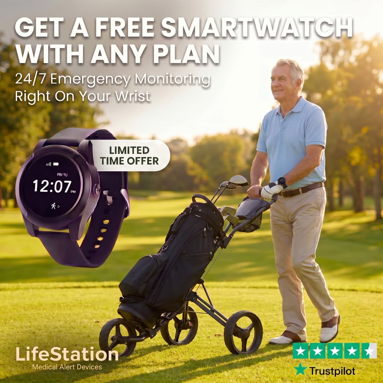 LifeStation ad "Get a free smartwatch with any plan": active senior out golfing