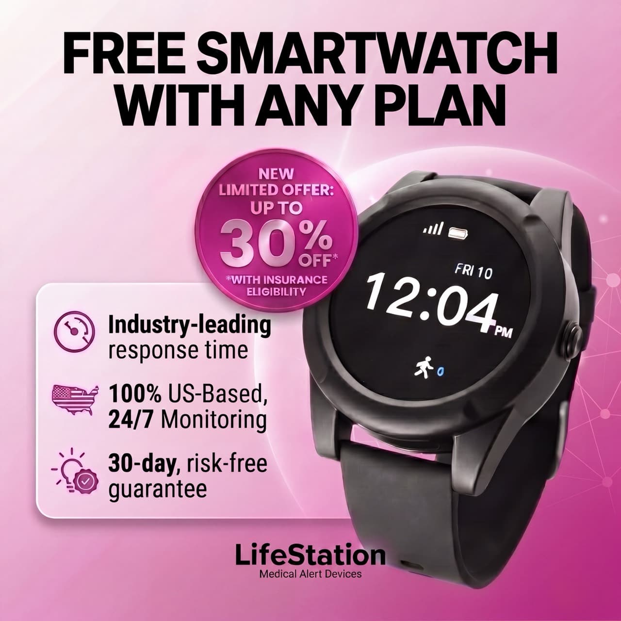 LifeStation ad "Free smartwatch with any plan": product close-up with an up to 30 % off offer badge