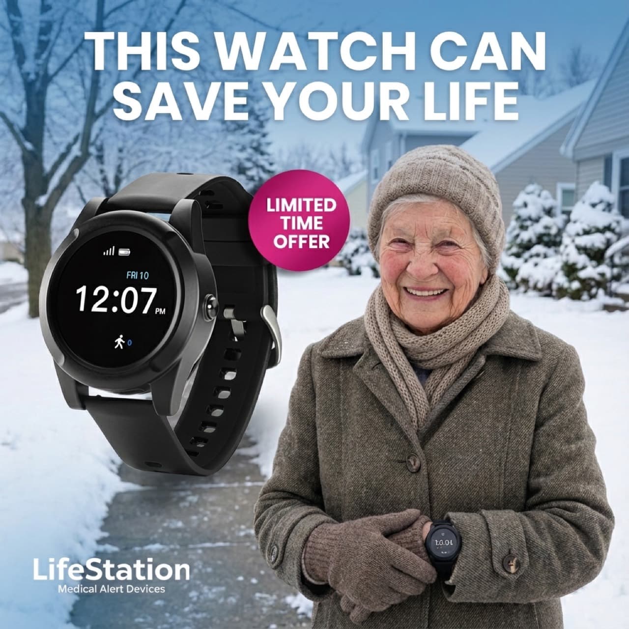 LifeStation ad "This watch can save your life": senior woman wearing the watch outdoors in winter